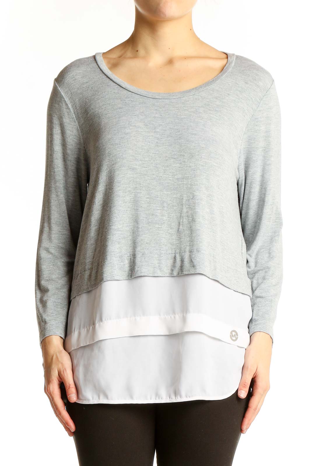 Front view of Michael Kors Gray Layered Long Sleeve Top with white underlayer