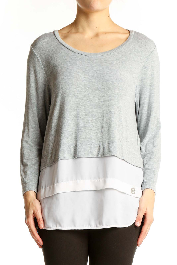 Front view of Michael Kors Gray Layered Long Sleeve Top with white underlayer