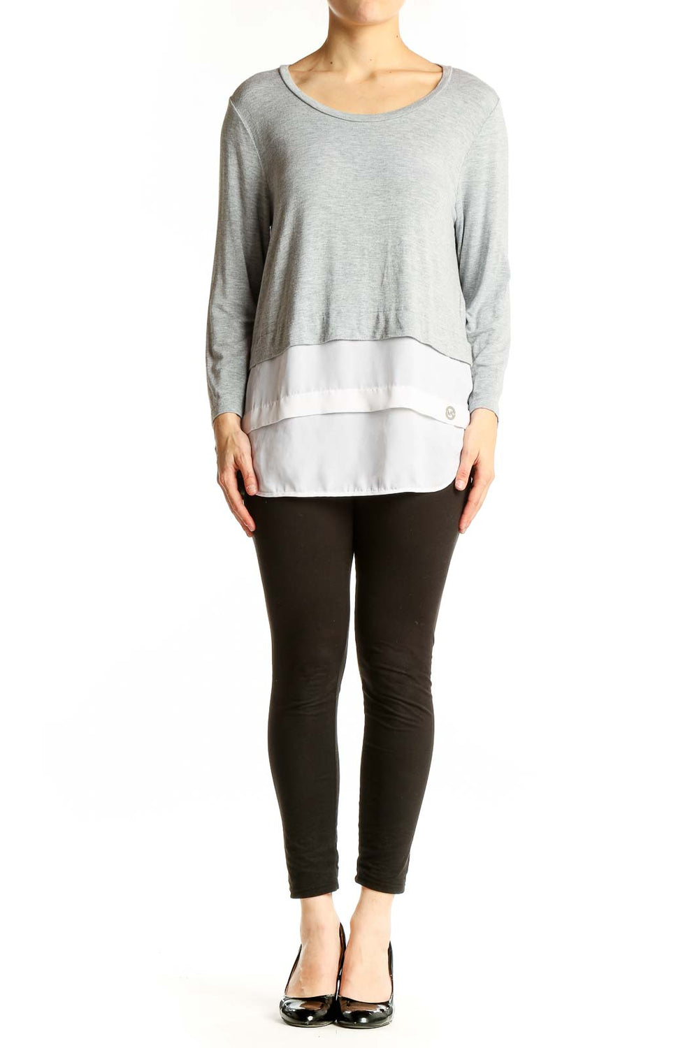 Front view of Michael Kors Gray Layered Long Sleeve Top with white underlayer