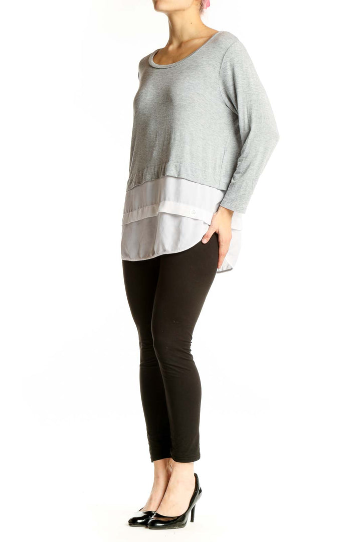 Front view of Michael Kors Gray Layered Long Sleeve Top with white underlayer