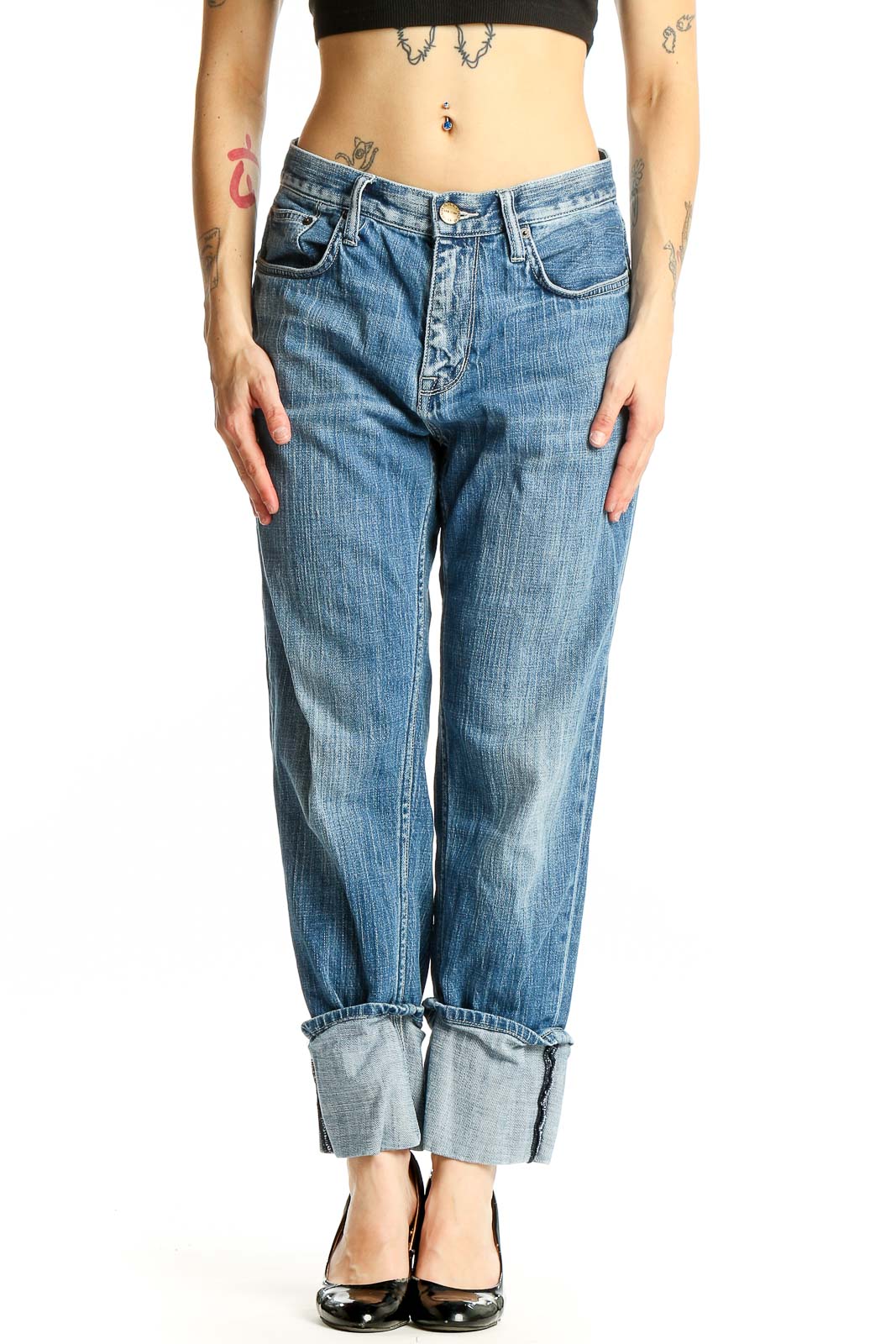 Front view of C/E Current/Elliott blue relaxed fit cuffed denim jeans
