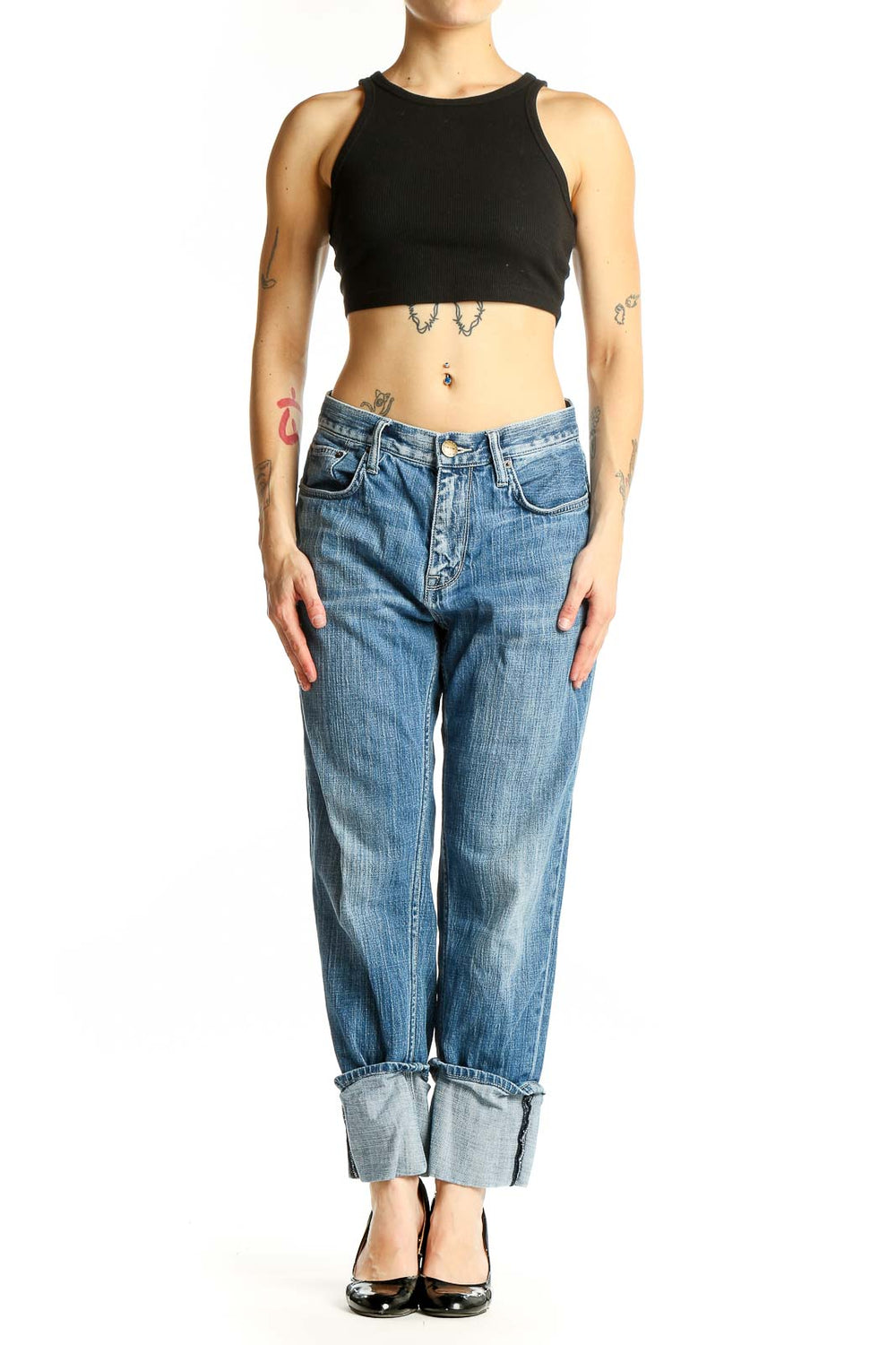 Front view of C/E Current/Elliott blue relaxed fit cuffed denim jeans
