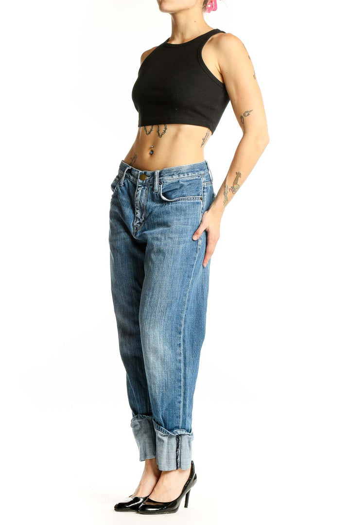 Front view of C/E Current/Elliott blue relaxed fit cuffed denim jeans