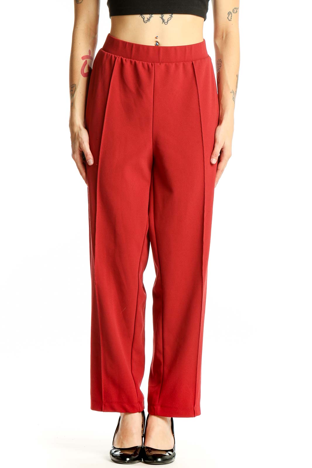 Front view of red wide-leg pants from LOFT