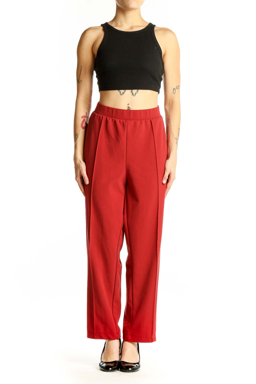 Front view of red wide-leg pants from LOFT
