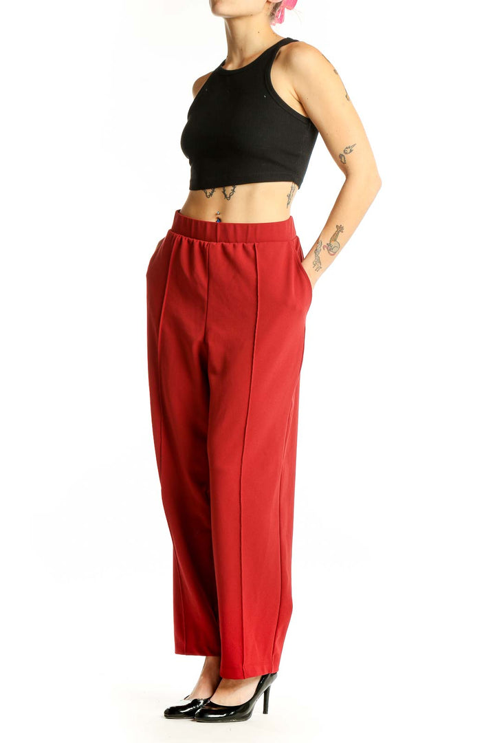 Front view of red wide-leg pants from LOFT