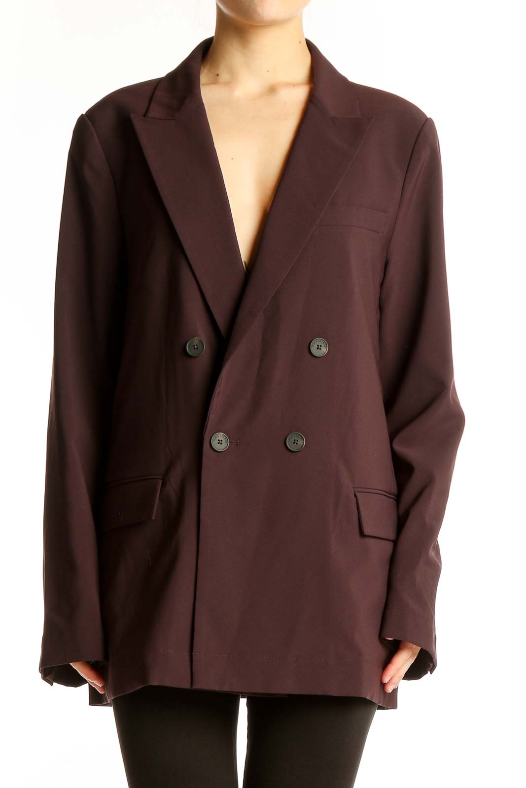 Front view of burgundy double-breasted oversized blazer by MM. LaFleur