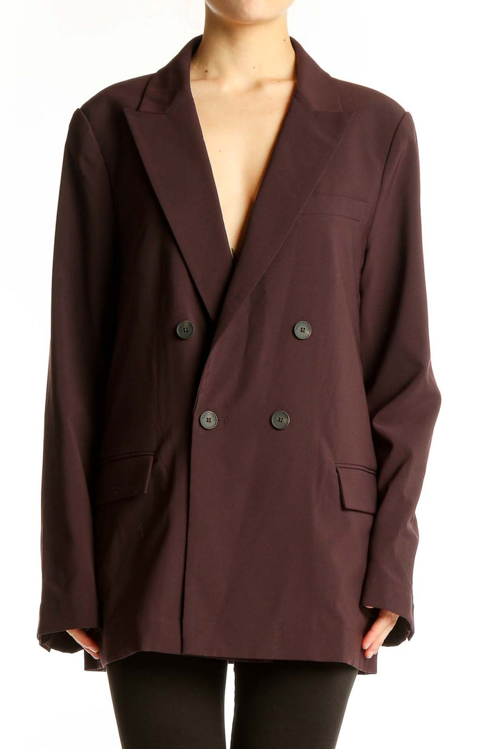 Front view of burgundy double-breasted oversized blazer by MM. LaFleur