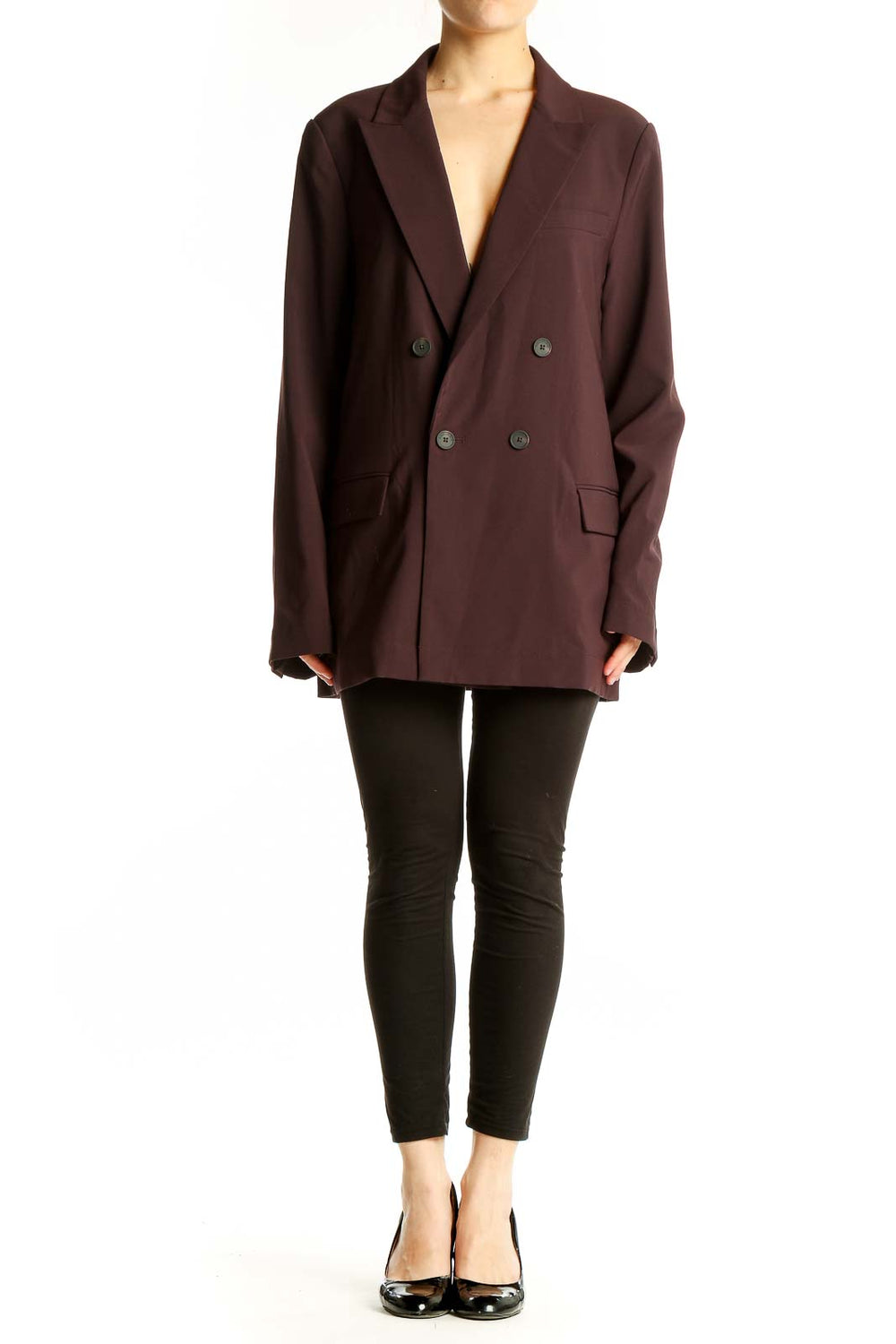 Front view of burgundy double-breasted oversized blazer by MM. LaFleur