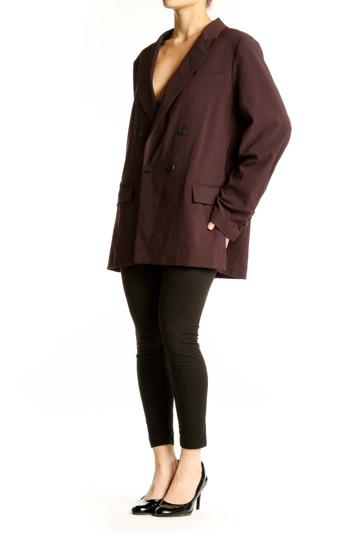 Front view of burgundy double-breasted oversized blazer by MM. LaFleur