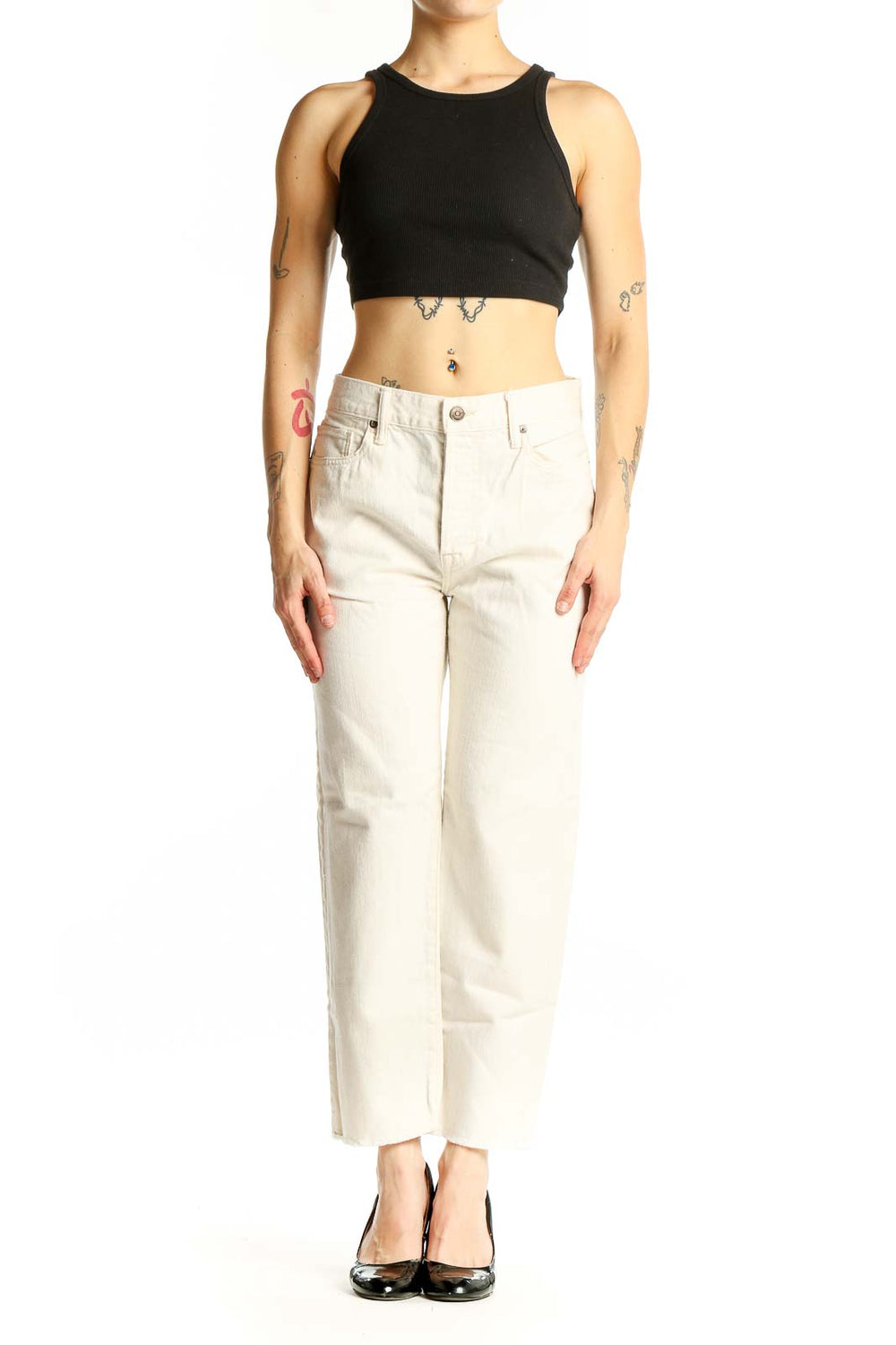 Front view of Vince cream cotton straight-leg jeans on model
