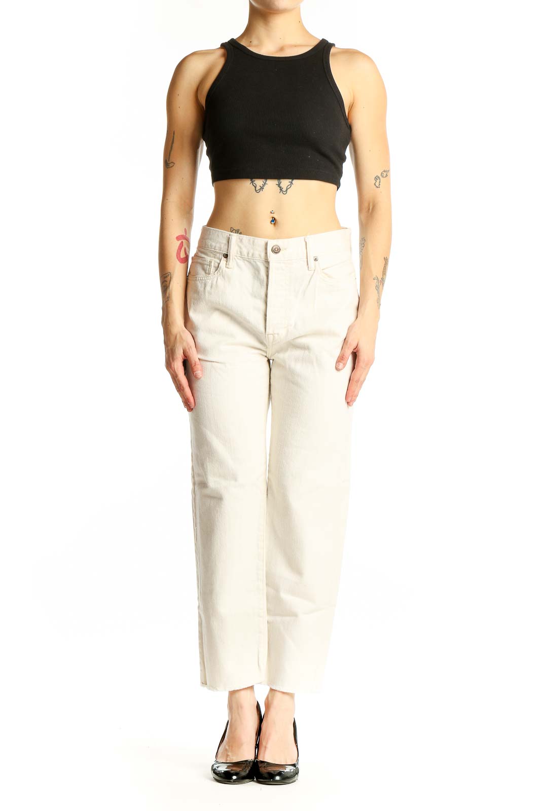 Front view of Vince cream cotton straight-leg jeans on model