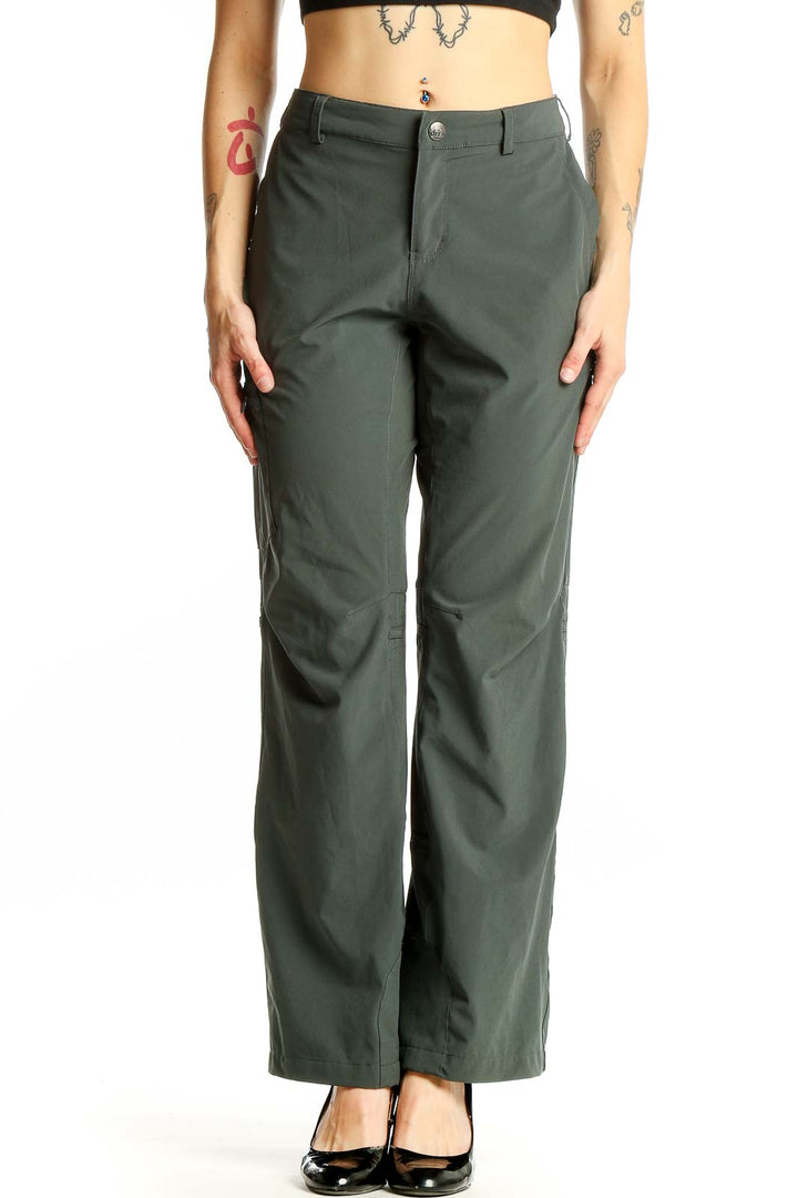 Front view of olive green REI hiking pants