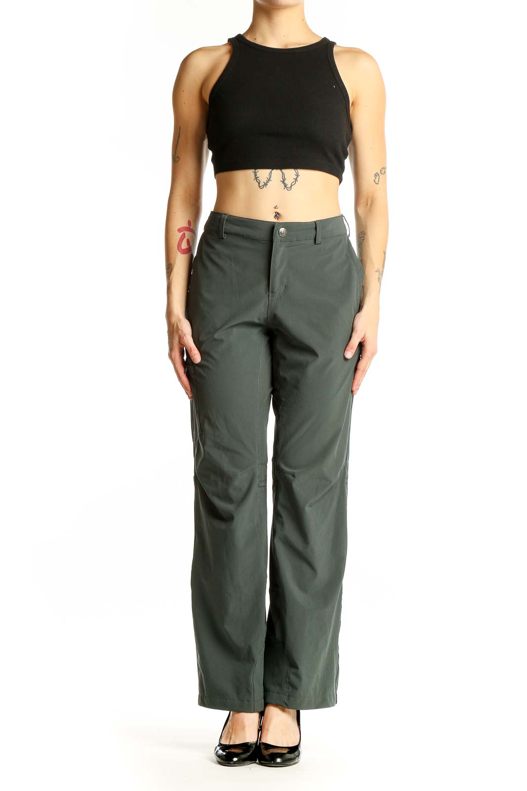 Front view of olive green REI hiking pants