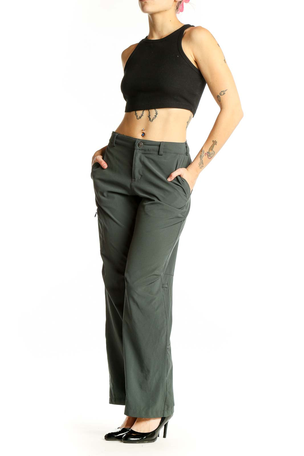 Front view of olive green REI hiking pants