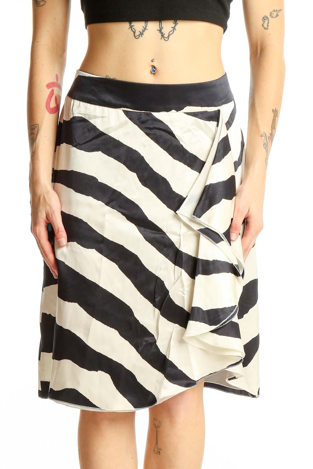 Front view of Armani Collezioni black and white zebra print silk wrap skirt