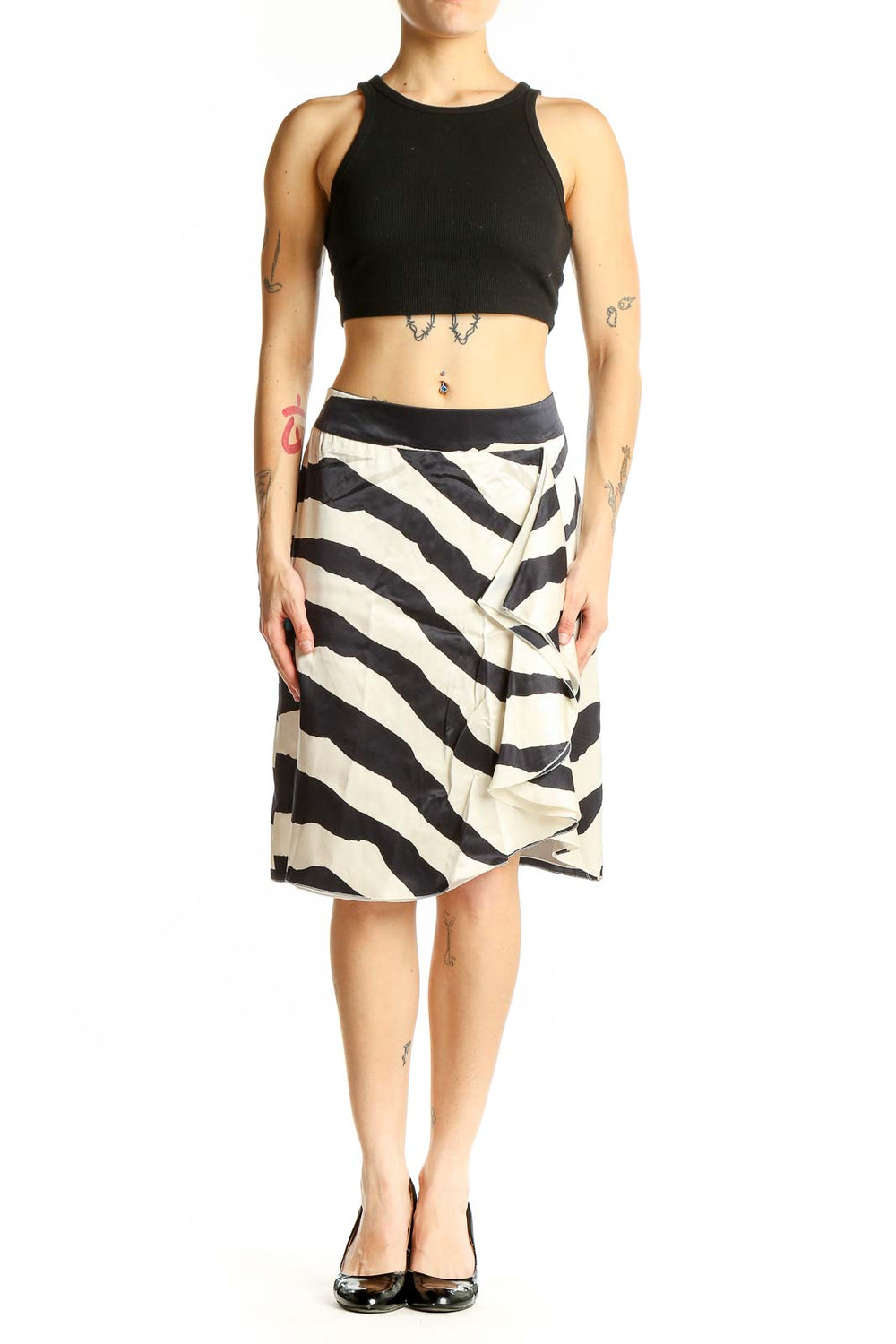 Front view of Armani Collezioni black and white zebra print silk wrap skirt