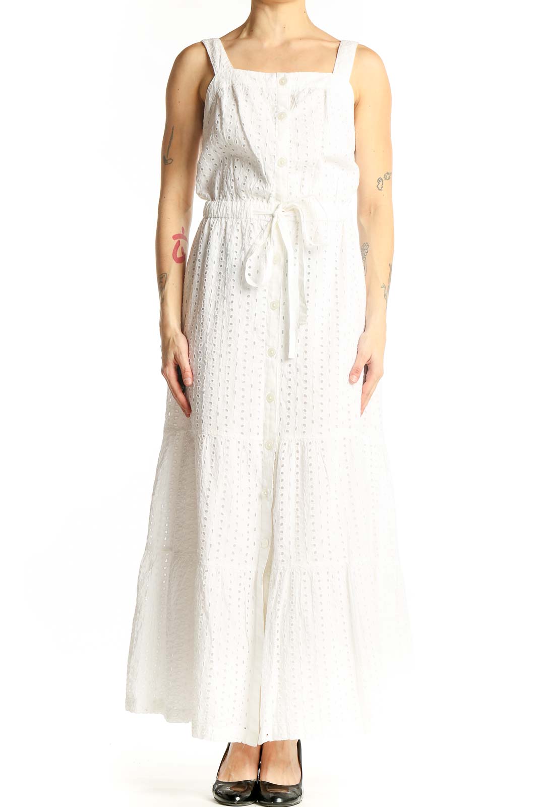 Front view of Gap white cotton eyelet maxi dress with wide straps and tiered skirt