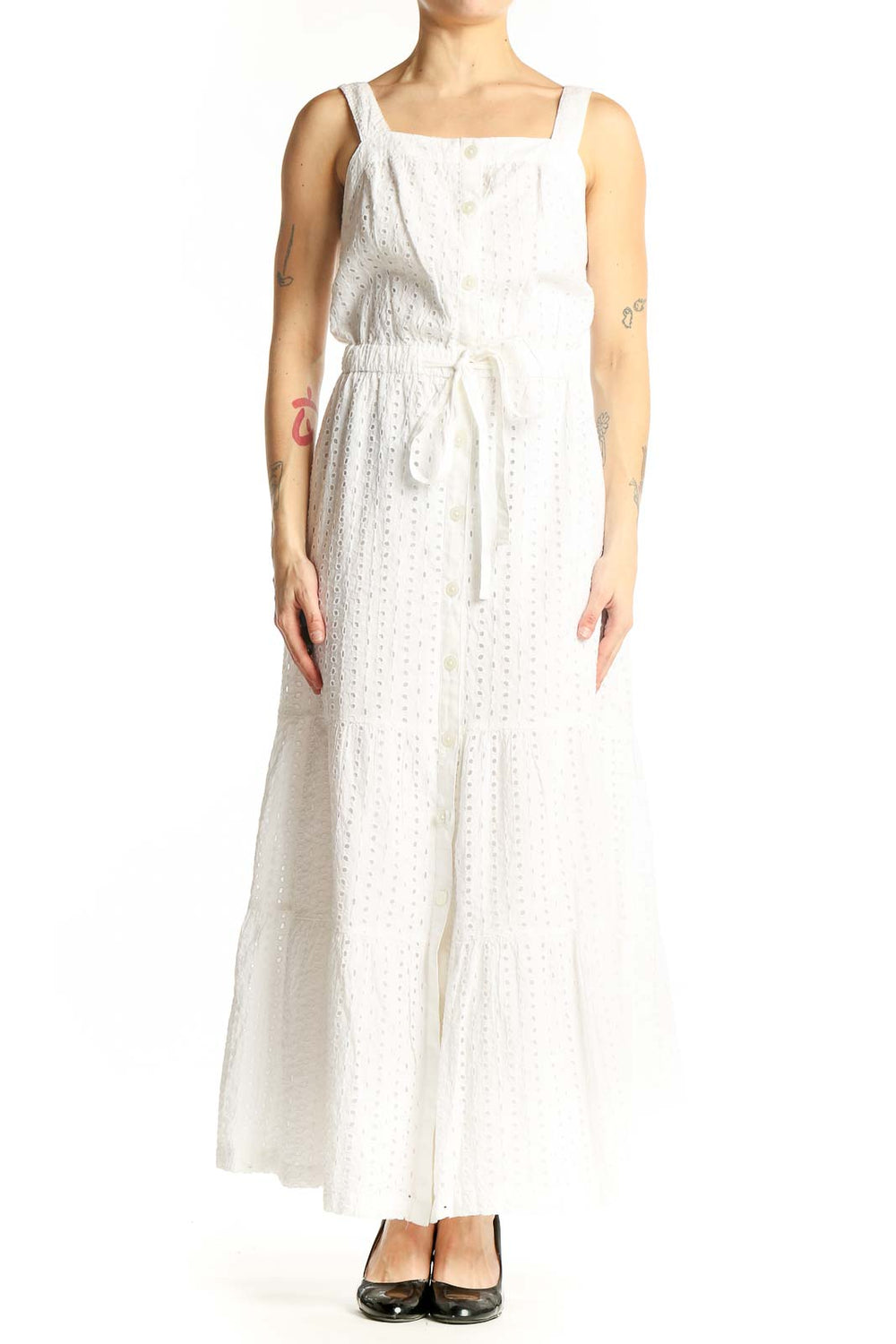 Front view of Gap white cotton eyelet maxi dress with wide straps and tiered skirt