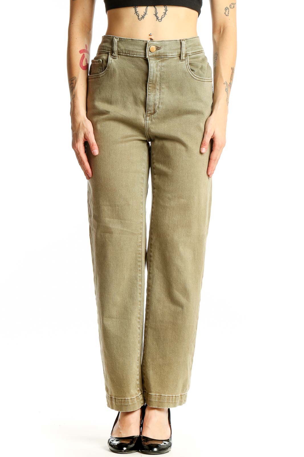 Front view of DL1961 olive high-waisted wide-leg denim pants