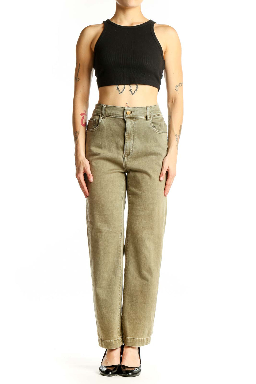 Front view of DL1961 olive high-waisted wide-leg denim pants