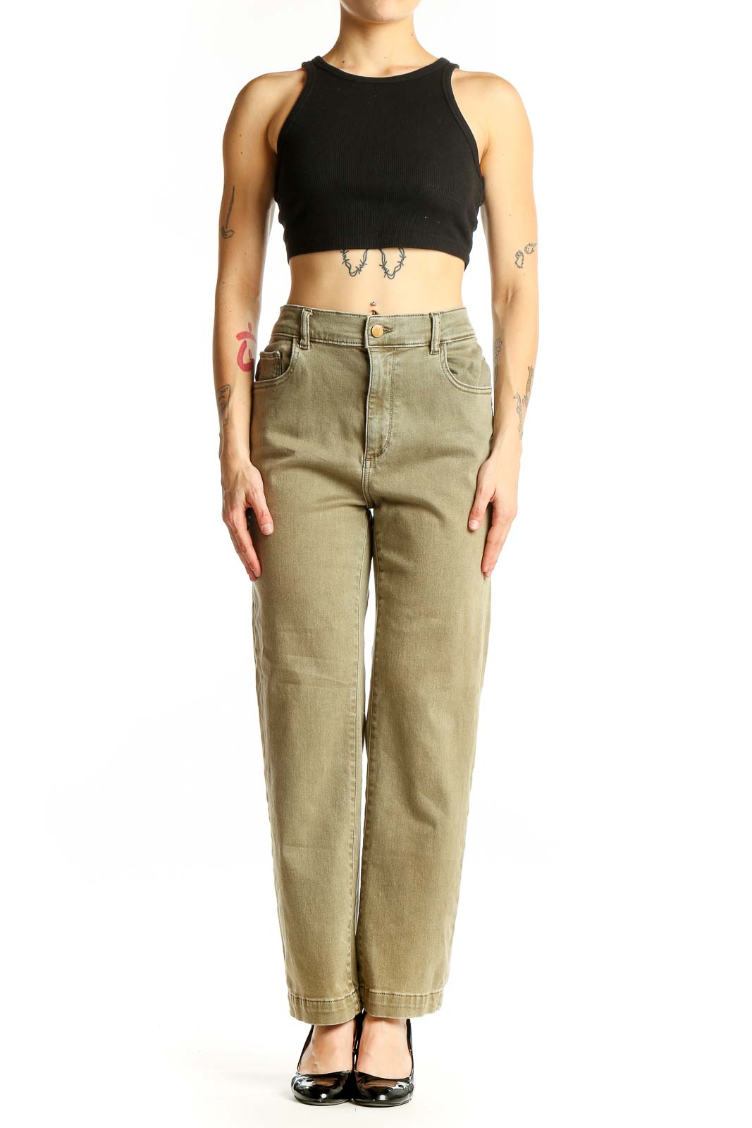 Front view of DL1961 olive high-waisted wide-leg denim pants