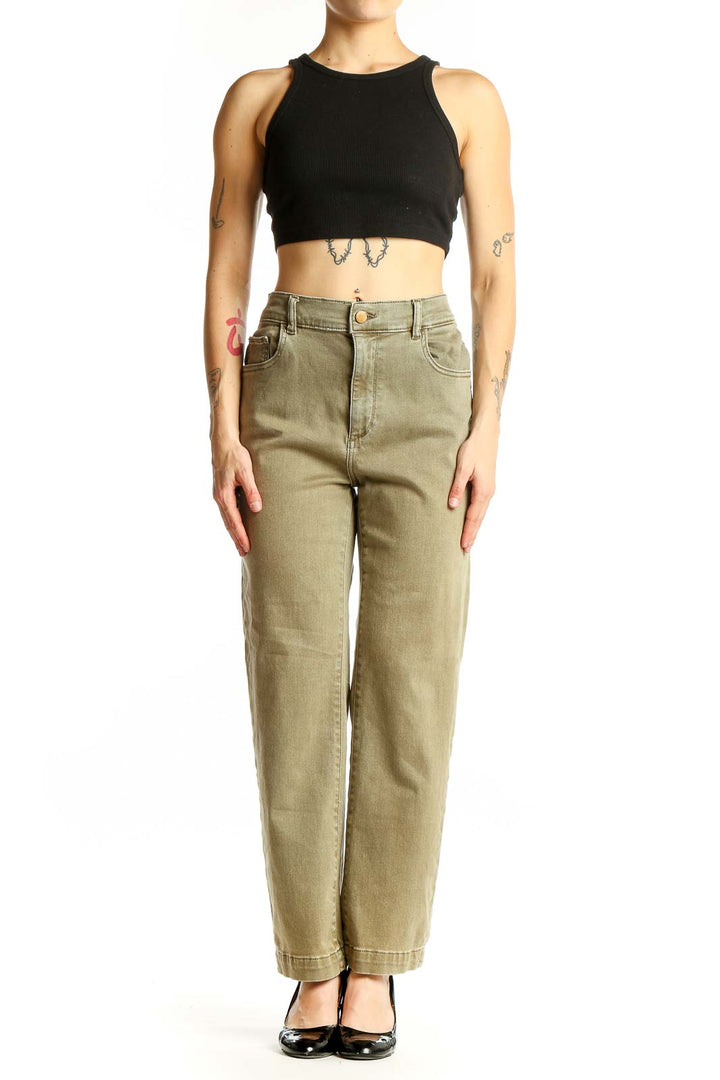 Front view of DL1961 olive high-waisted wide-leg denim pants
