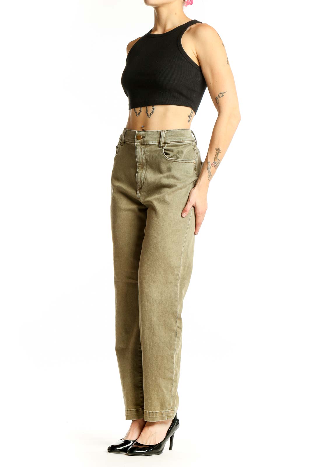 Front view of DL1961 olive high-waisted wide-leg denim pants