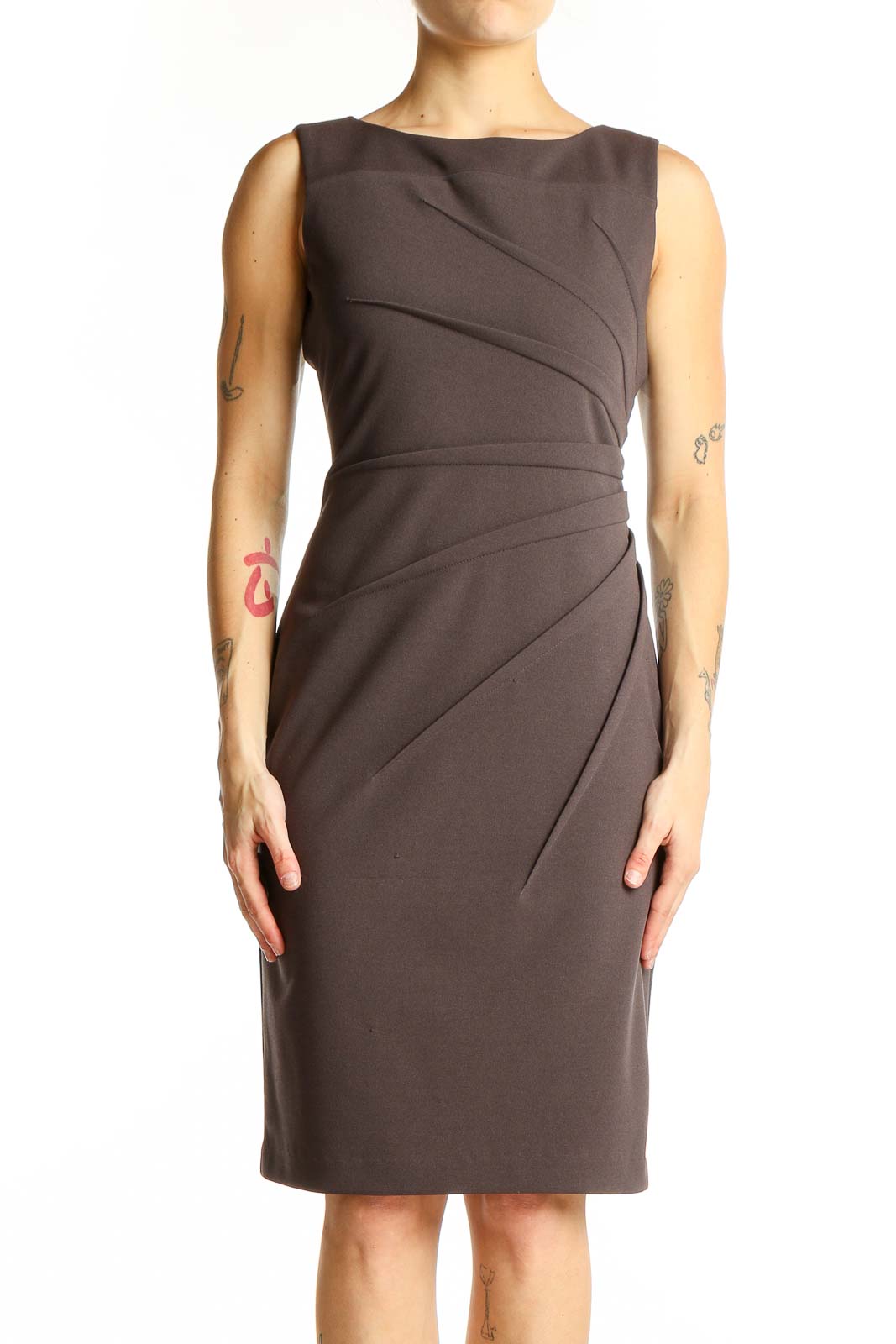 Front view of Calvin Klein brown sleeveless sheath dress with asymmetrical pleating