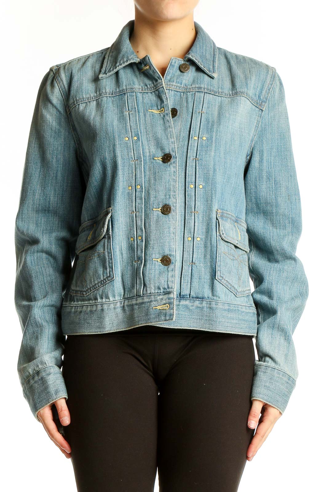 Front view of Lauren Jeans Co. Ralph Lauren light blue denim jacket with button closure