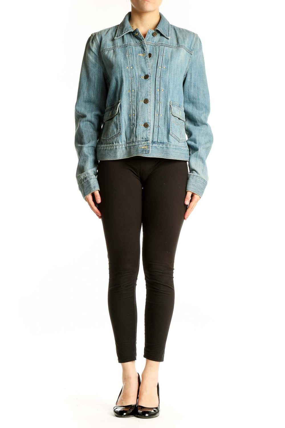 Front view of Lauren Jeans Co. Ralph Lauren light blue denim jacket with button closure