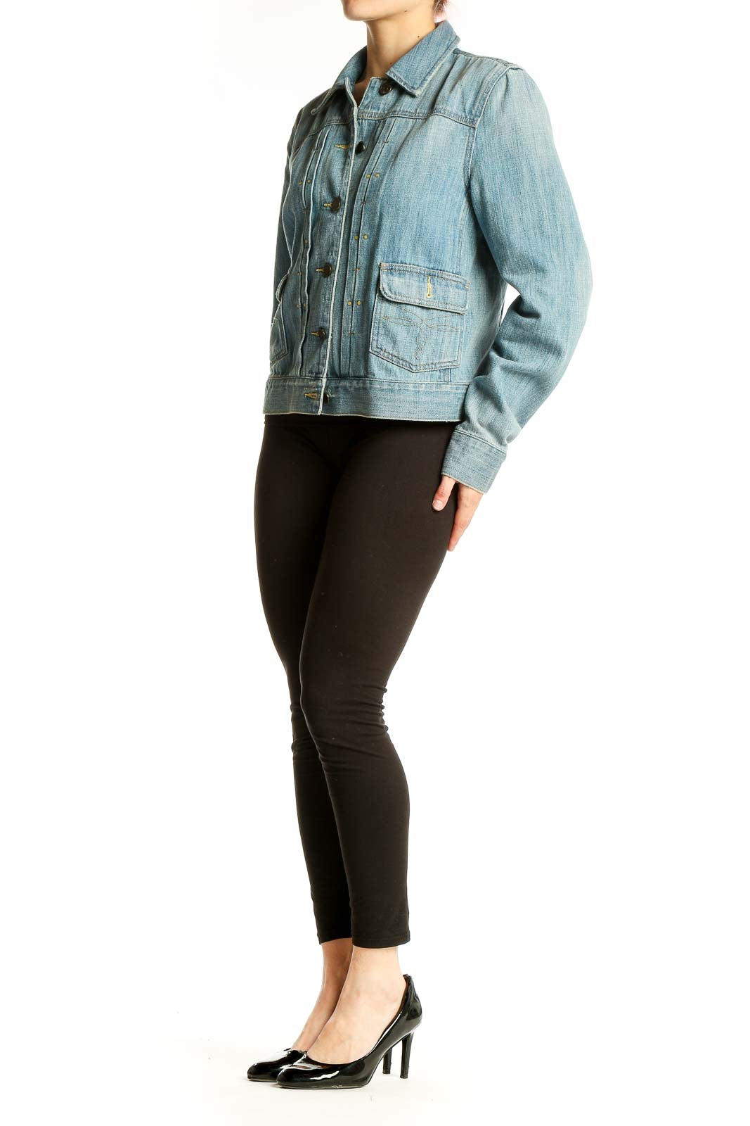 Front view of Lauren Jeans Co. Ralph Lauren light blue denim jacket with button closure