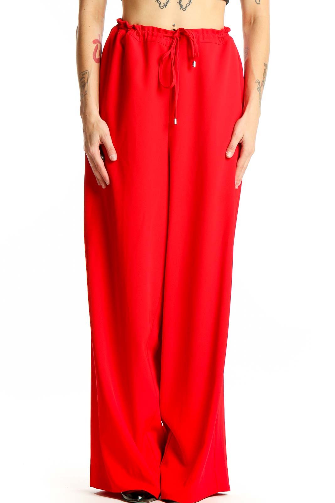 Front view of red DKNY wide-leg pants with drawstring waist