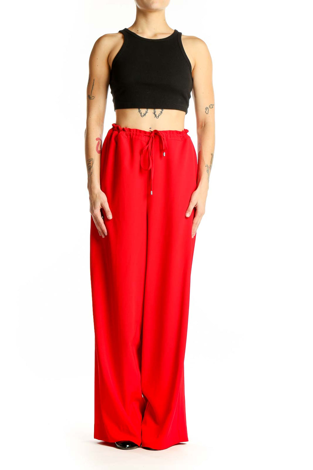 Front view of red DKNY wide-leg pants with drawstring waist