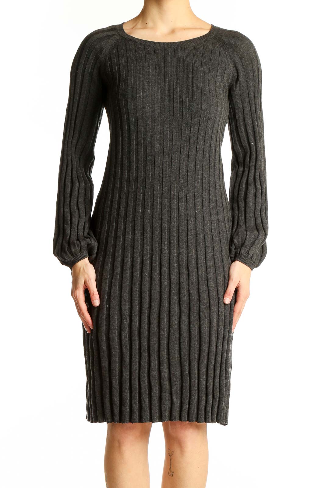 Front view of Max Studio charcoal ribbed knit sweater dress