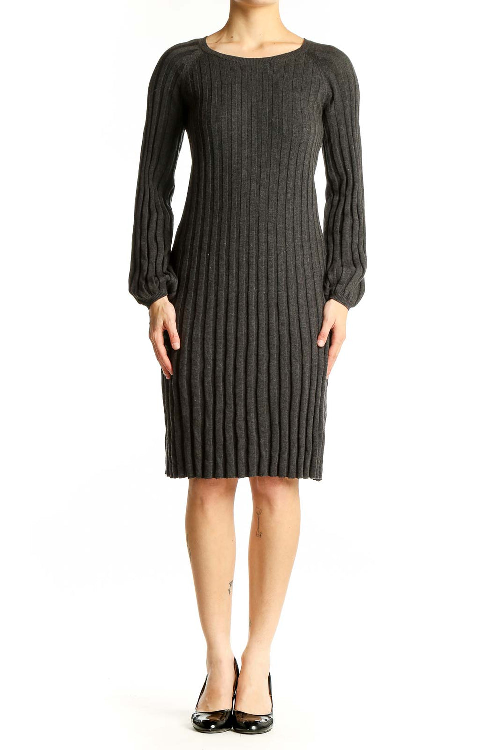 Front view of Max Studio charcoal ribbed knit sweater dress
