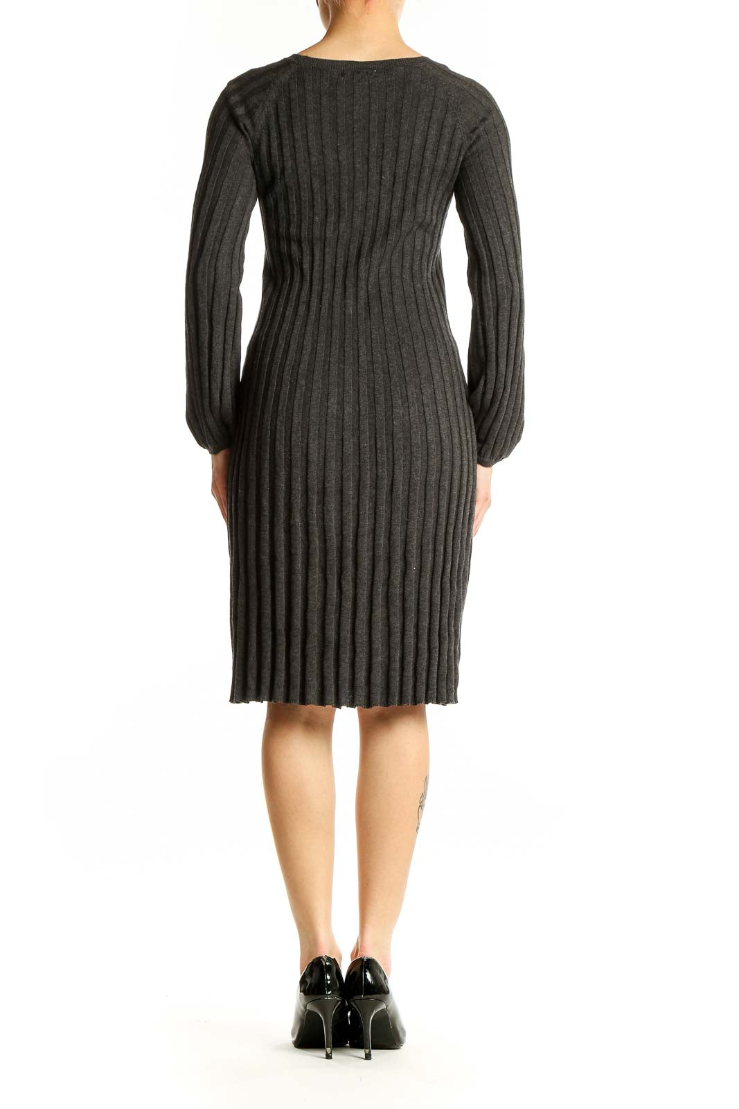 Side view of Max Studio charcoal ribbed knit sweater dress