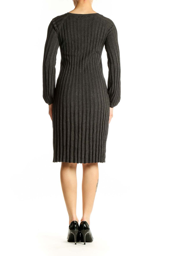 Side view of Max Studio charcoal ribbed knit sweater dress