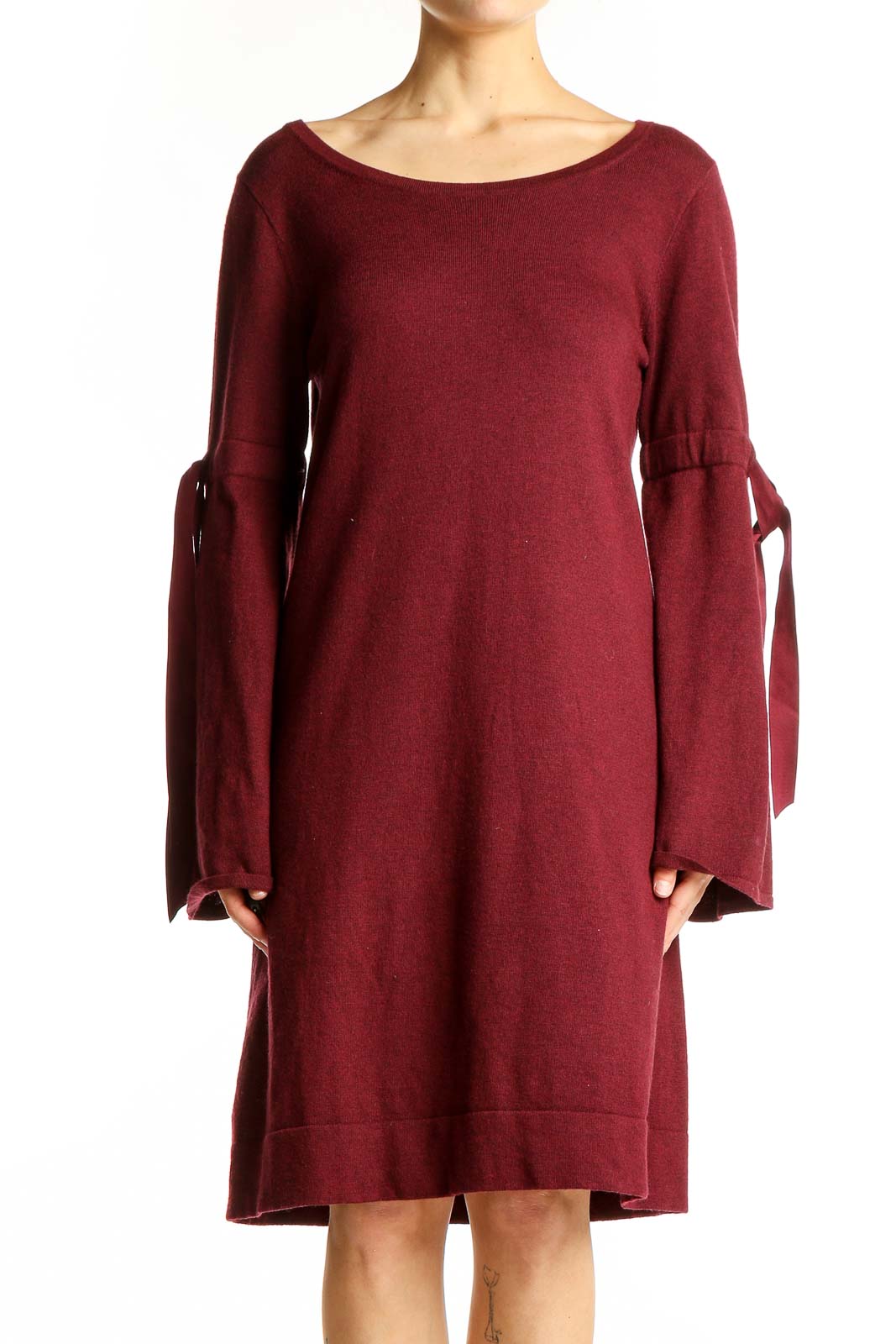 Front view of Max Studio burgundy knit dress with bell sleeves