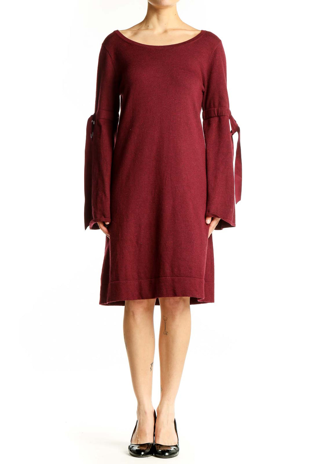 Front view of Max Studio burgundy knit dress with bell sleeves