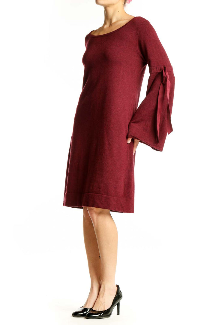 Front view of Max Studio burgundy knit dress with bell sleeves