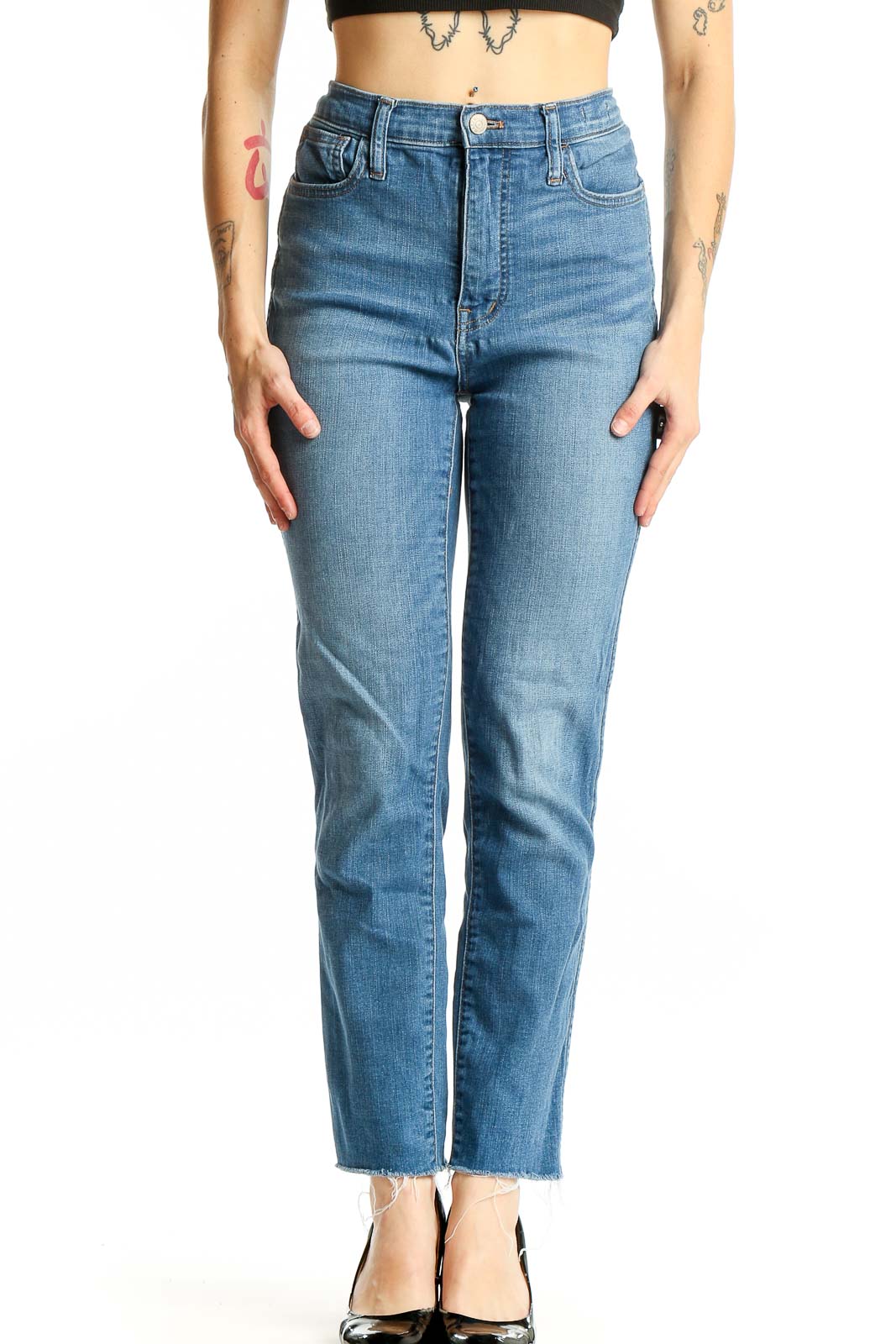 Front view of Madewell blue high-rise straight-leg jeans on model