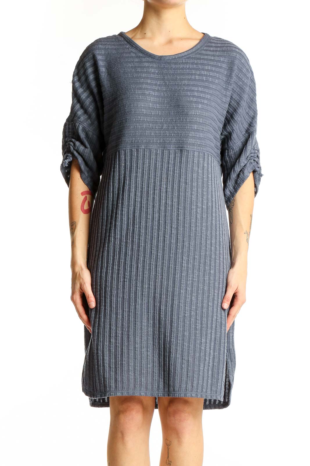 Front view of Max Studio gray ribbed knit dress with ruched sleeves