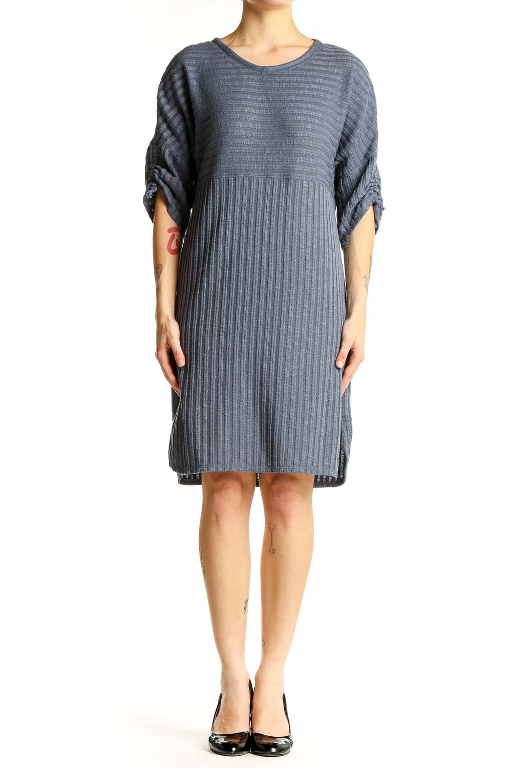 Front view of Max Studio gray ribbed knit dress with ruched sleeves
