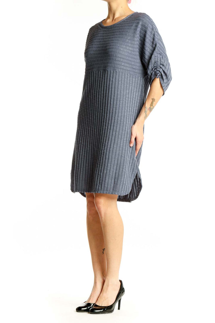 Front view of Max Studio gray ribbed knit dress with ruched sleeves