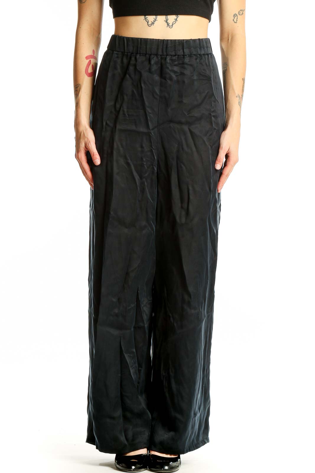 Front view of Eileen Fisher black Cupro wide-leg palazzo pants