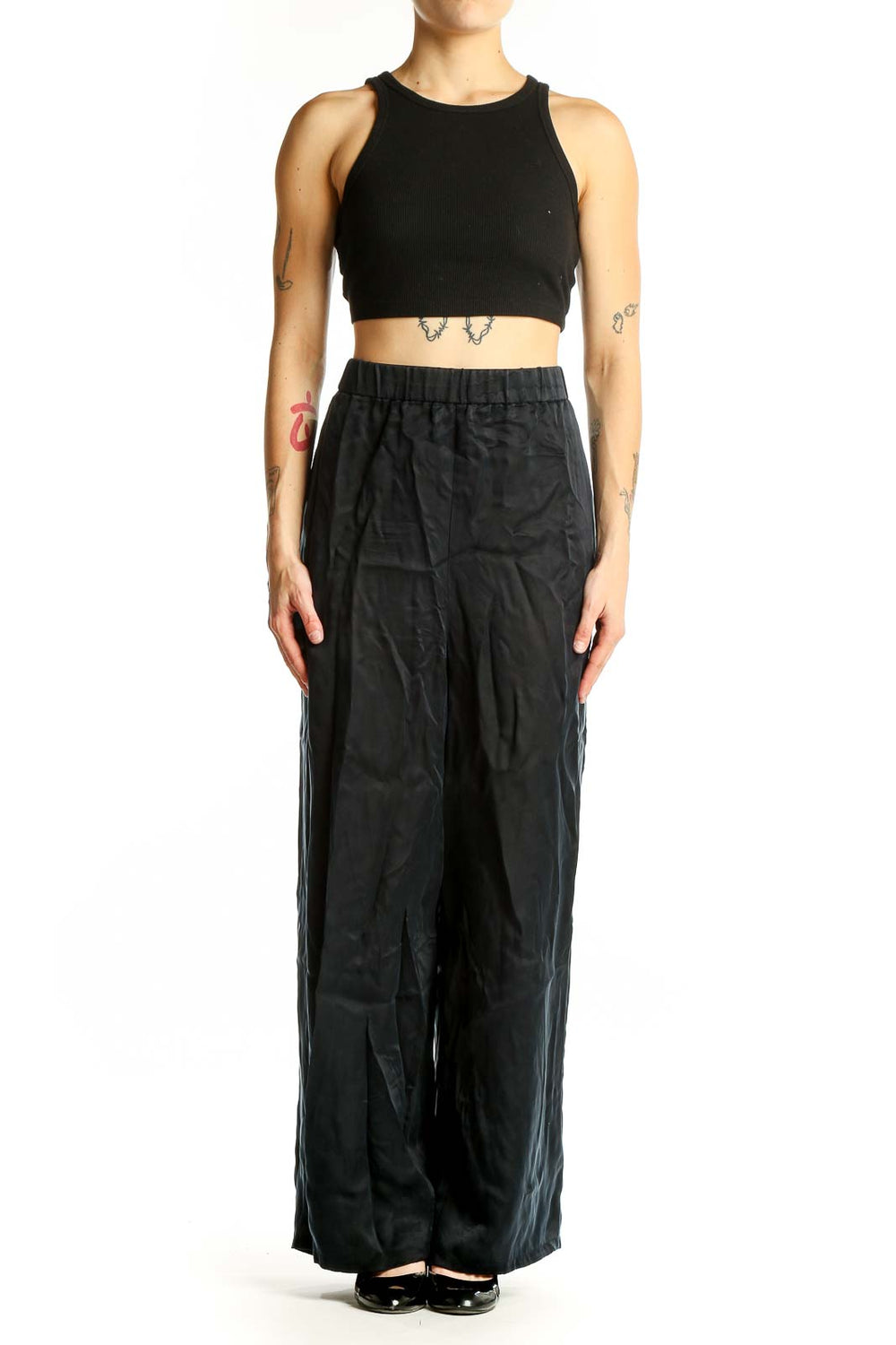 Front view of Eileen Fisher black Cupro wide-leg palazzo pants