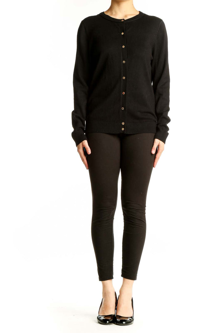 Front view of black Calvin Klein button-up cardigan