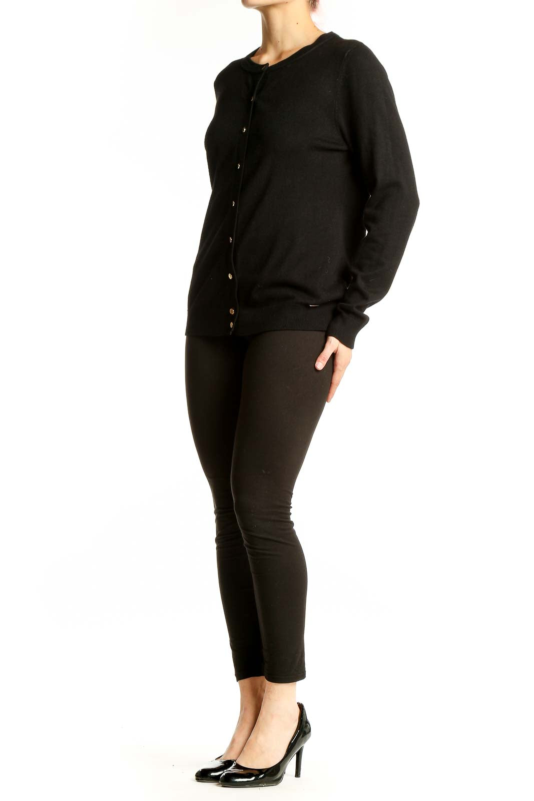 Front view of black Calvin Klein button-up cardigan