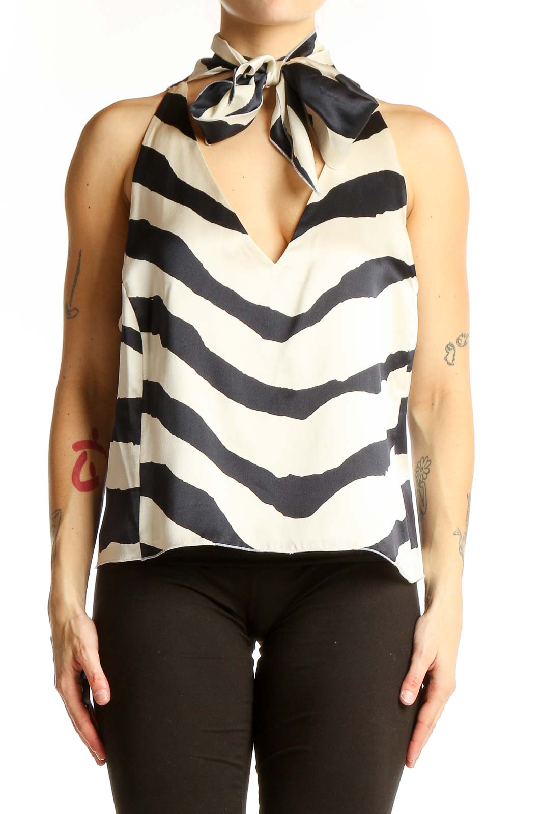 Front view of Armani Collezioni black and white zebra print silk halter top